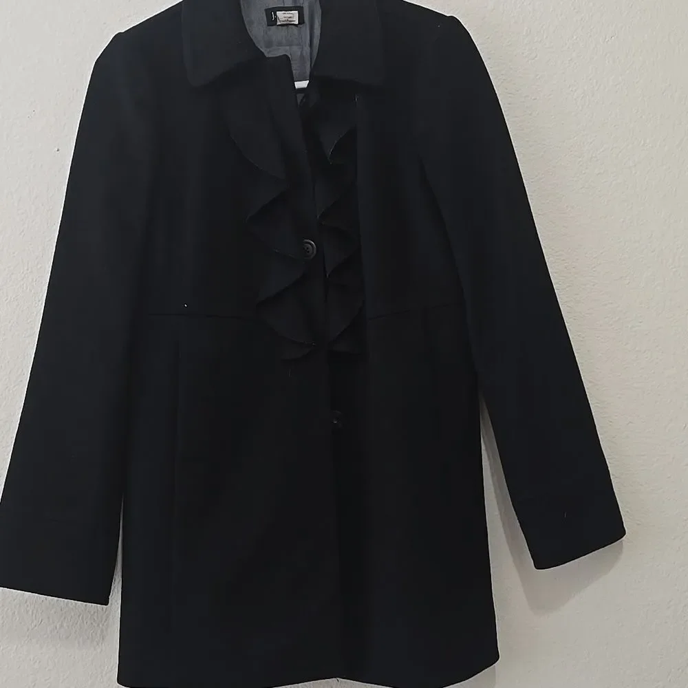 J.Crew Black Ruffle Front Pea Coat 4 - Picture 2 of 10